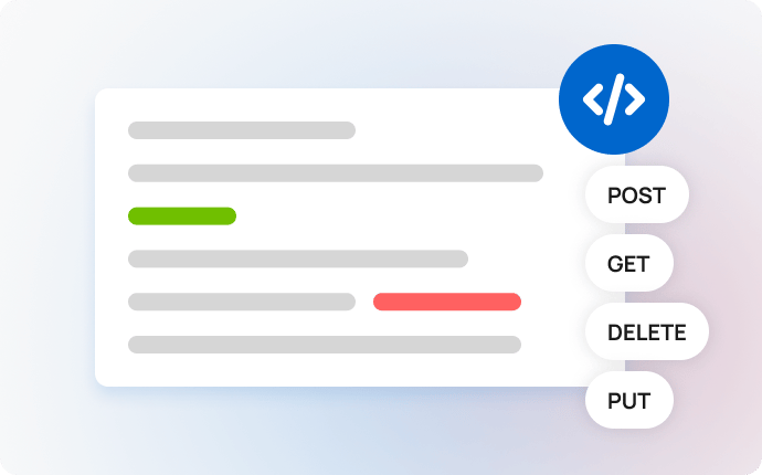 Image showing a stylized API interface illustration with colored code lines and circular buttons labeled POST, GET, DELETE, and PUT, representing WriteText.ai’s API integration for automated content creation.