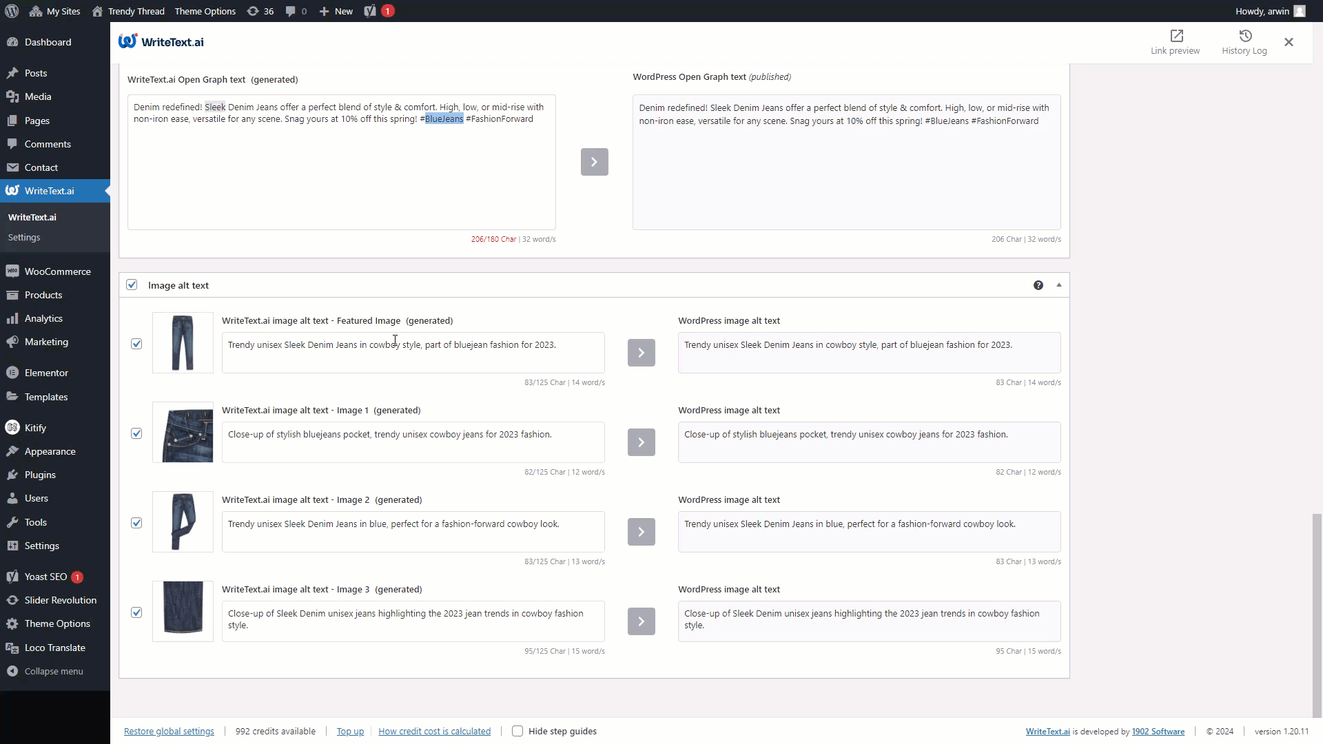 GIF demonstrating the WriteText.ai image alt text generator feature for WooCommerce.