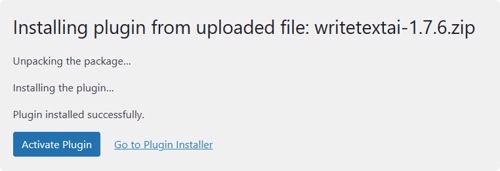 Screenshot of a plugin's installation progress inside WordPress with a button "Activate Plugin" at the bottom.