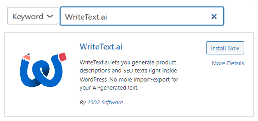A screenshot of the WordPress interface where you can search for WriteText.ai in the plugins list