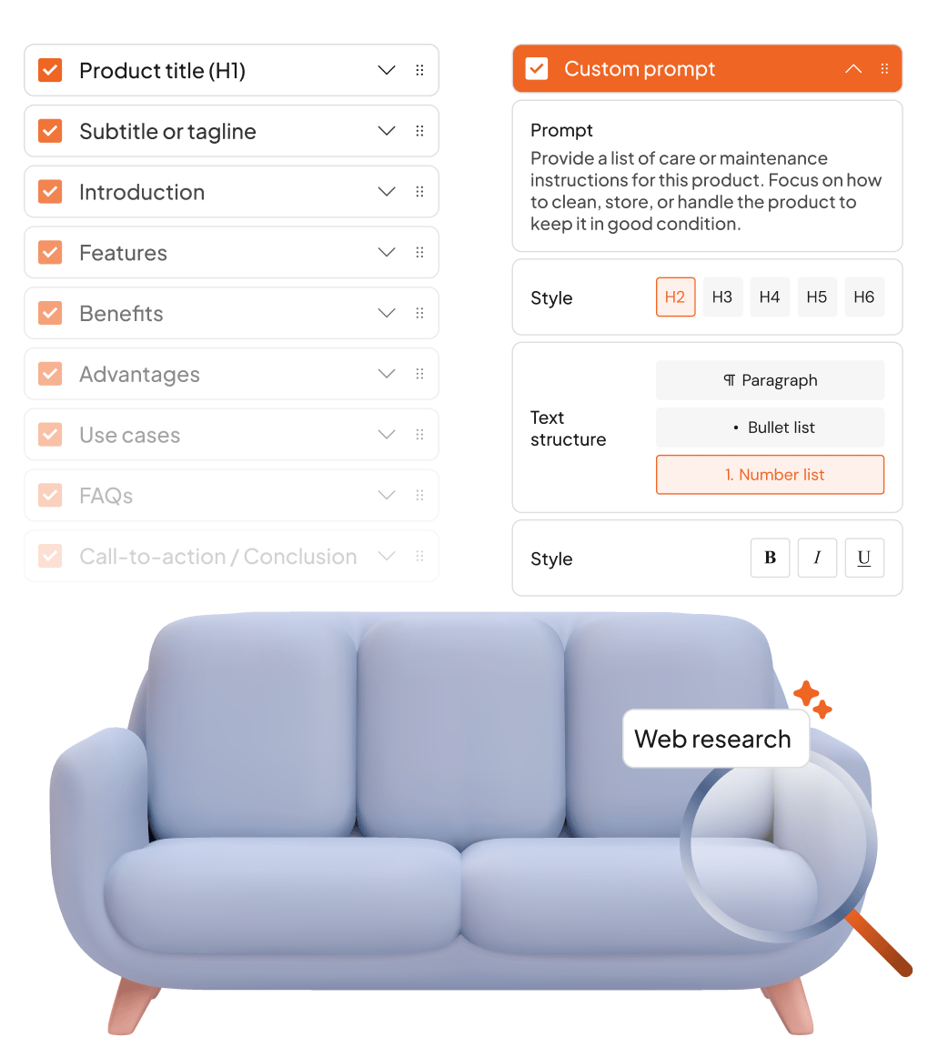 Image showing customizable content structure options in WriteText.ai, including product titles, features, benefits, and custom prompts with formatting and web research tools, illustrating how users can structure content their way.
