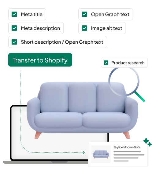 Image showing a blue sofa with product details like page title, meta description, product description, Open Graph text, and image alt text checked, illustrating how WriteText.ai automates content creation and transfers it directly to Shopify.
