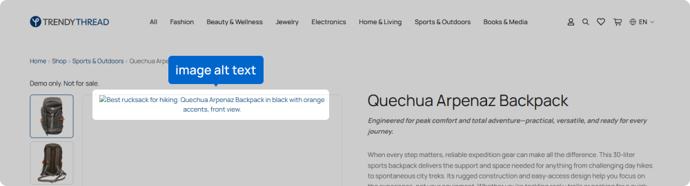 Image showing a product page for the Quechua Arpenaz Backpack on the Trendy Thread store, highlighting the image alt text field displaying “Best rucksack for hiking: Quechua Arpenaz Backpack in black with orange accents, front view.”