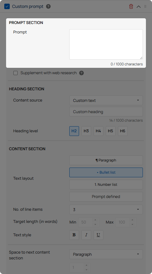 Screenshot of the WriteText.ai custom prompt editor with the Prompt field highlighted, indicating where users can enter unique instructions to create custom content sections.