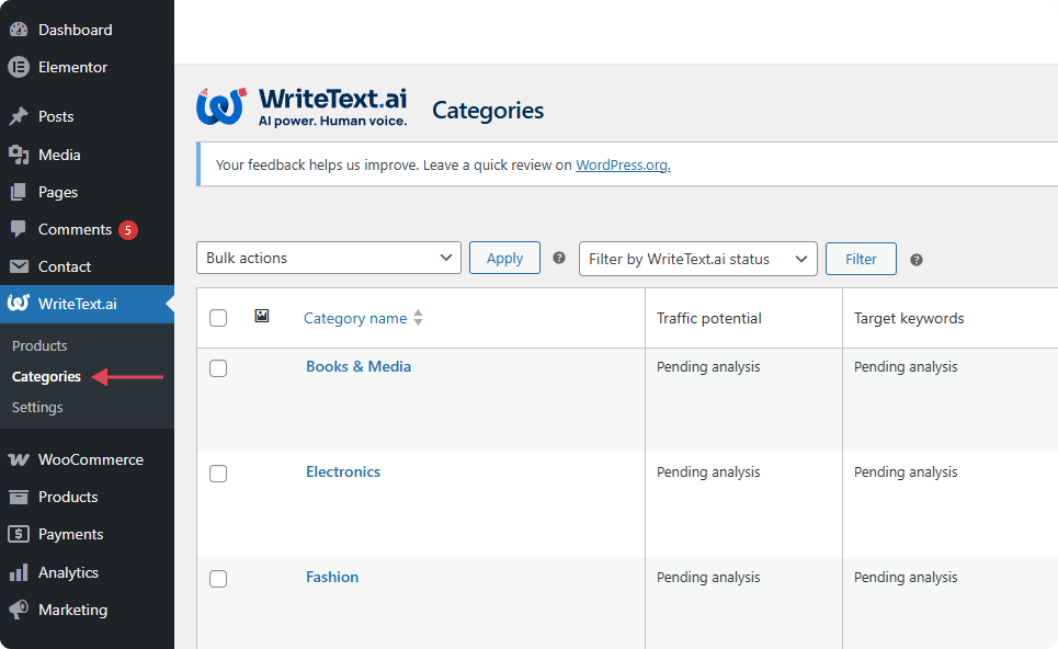 An interface of WriteText.ai showing how to access the category grid