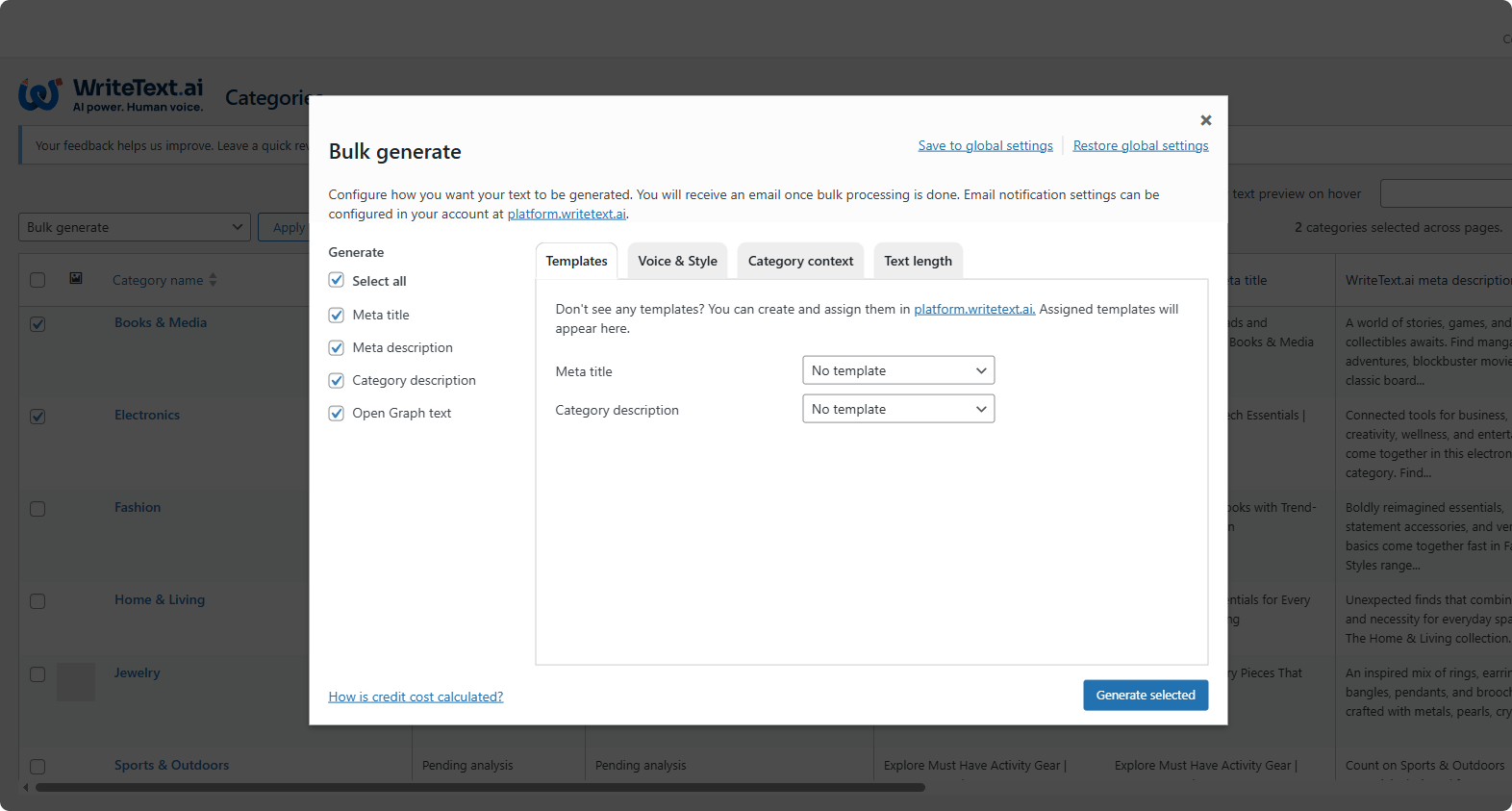 An interface of WriteText.ai showing how to run bulk generation