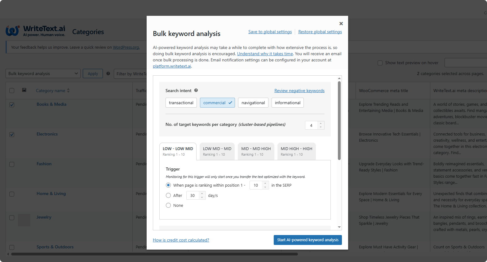 An interface of WriteText.ai showing how to run bulk keyword analysis