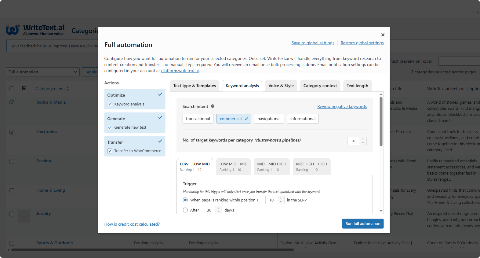 An interface of WriteText.ai showing how to set up full automation for categories