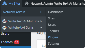 Screenshot of a WordPress backend menu opened to the Network Admin submenu with "Plugins" highlighted.