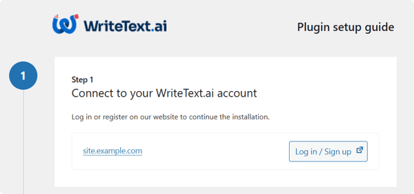 Screenshot of the first step of the WriteText.ai installation wizard inside WordPress.