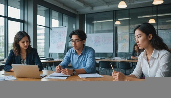 A diverse group of professionals collaborating on a project, analyzing data on a laptop, with charts and graphs visible on the screen.