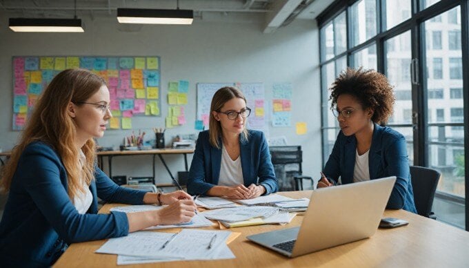 A diverse group of professionals collaborating over AI content creation strategies in a modern office setting.