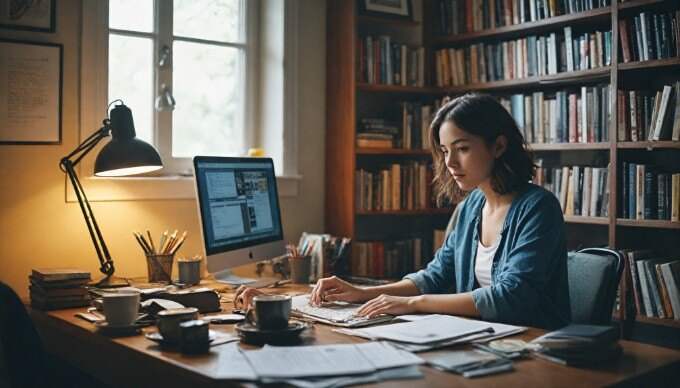 A focused individual using an AI content generator on a laptop in a cozy office setting, surrounded by books and a coffee cup.