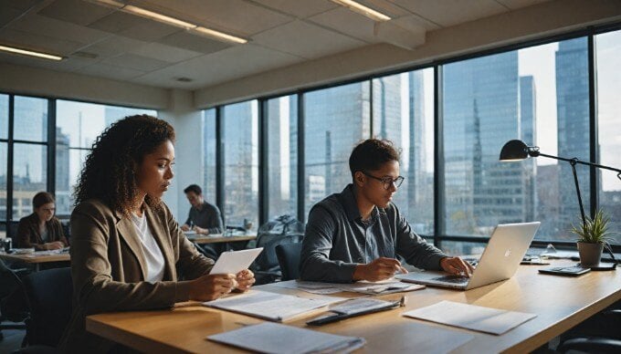 A professional setting where a diverse group of marketers analyze data on laptops in a modern office.