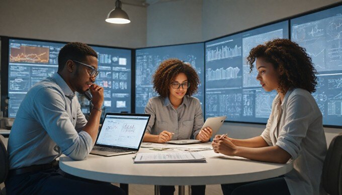 A diverse team collaborating on AI-driven data visualization in a bright workspace.