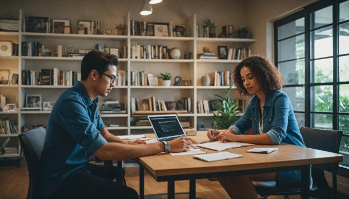 A professional setting where two individuals are collaborating over a laptop, discussing content strategies with focused expressions.