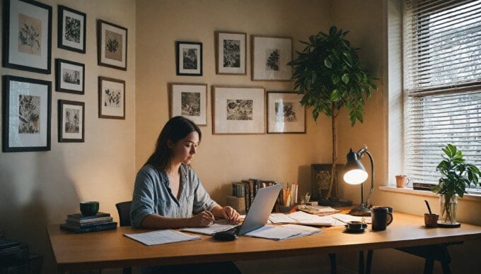 An individual reviewing content generated by AI on a computer, with a thoughtful expression in a cozy workspace.