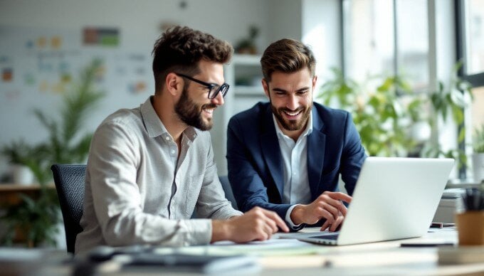 Two colleagues discussing AI detection tools in a bright office space.