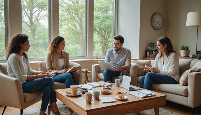 A casual meeting between team members discussing AI strategies for email marketing with charts and graphs on a laptop.