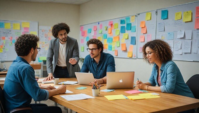 Team of marketers collaborating on AI email strategies in a vibrant workspace.