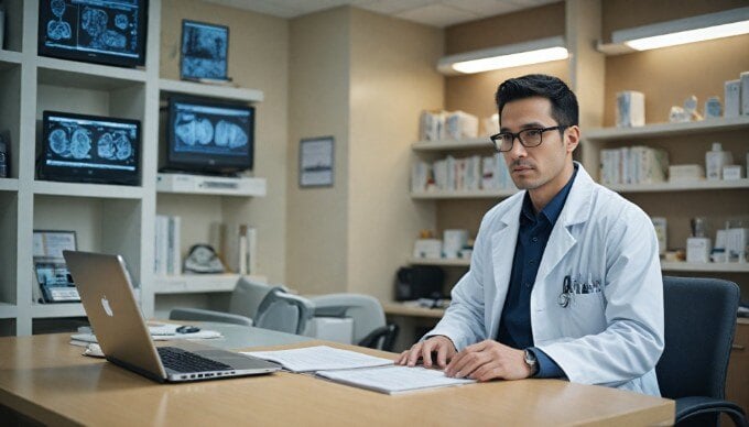 A healthcare professional using AI technology to analyze patient data, with a futuristic interface displayed on a monitor.