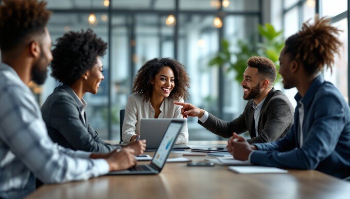 A diverse team collaborating on digital marketing strategies using AI tools in a bright conference room.