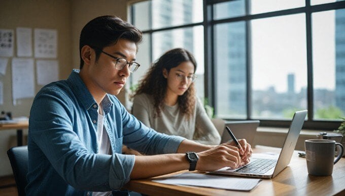 A marketer using AI tools on a laptop to optimize content strategies in a bright workspace.