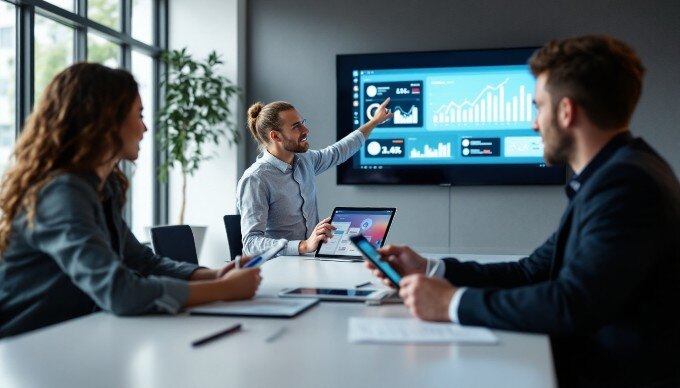 A team meeting discussing AI-powered ecommerce strategies with laptops and digital devices.