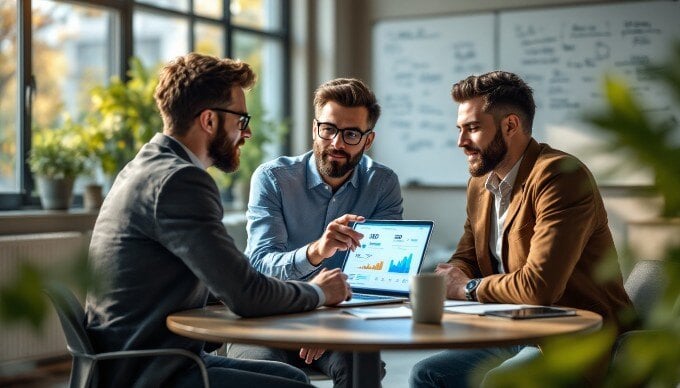 A team meeting in an office discussing AI-based SEO strategies, captured in HD quality.