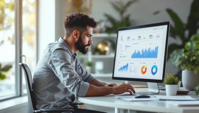 A person using AI tools on a computer in a modern workspace, analyzing data on the screen.