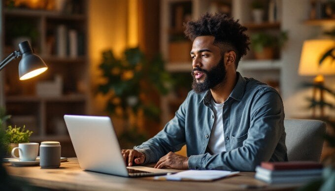 A person using a voice-activated assistant in a cozy home office environment.