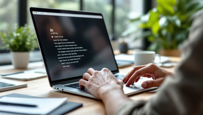 A close-up of a person typing on a laptop while using AI writing software in a bright workspace.