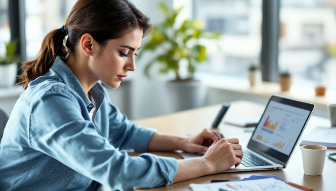 A business professional reviewing analytics data on a tablet while seated at a desk with a laptop and notepad.