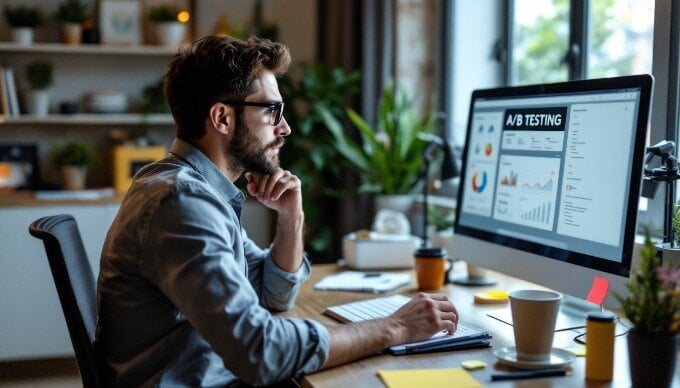 A person conducting A/B testing analysis on a computer in a bright office.