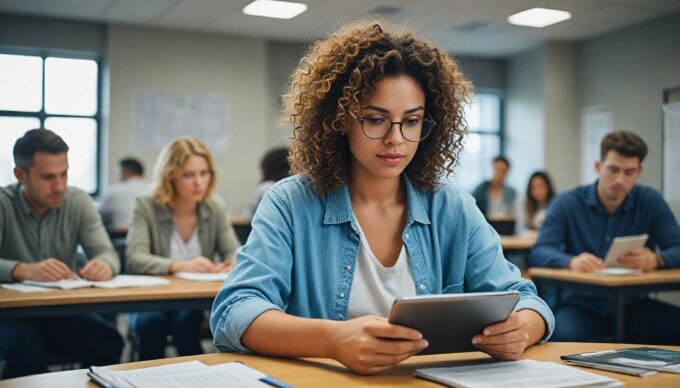 An individual analyzing mobile in-app advertising performance metrics on a tablet in a collaborative workspace.