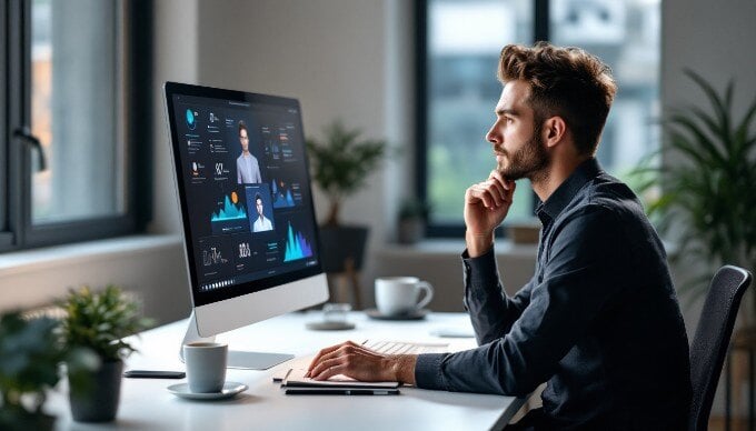 A person analyzing AI-generated content on a computer in a contemporary workspace.