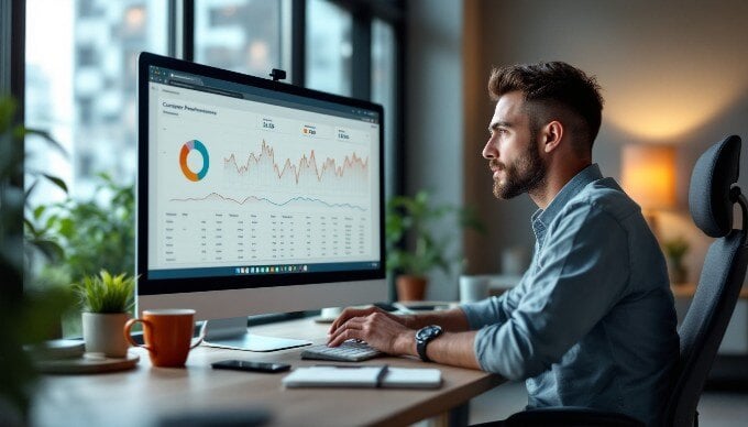 A person analyzing content performance metrics on a computer screen in a modern office environment.