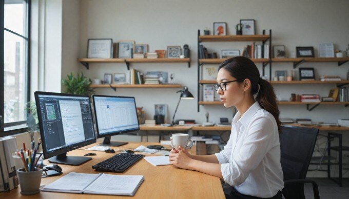 A person analyzing website performance data on a computer in a bright office space.