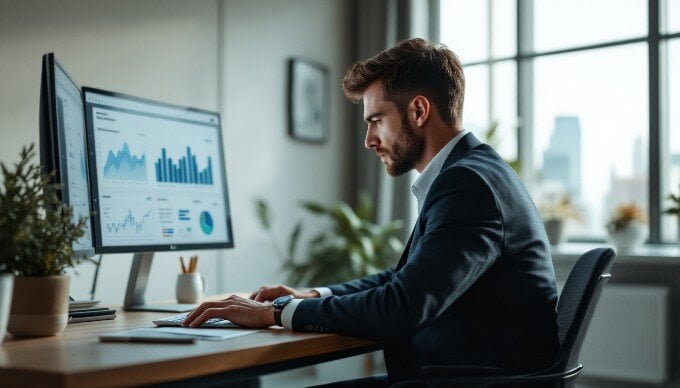 A business professional analyzing customer journey data on a laptop in a modern office setting.