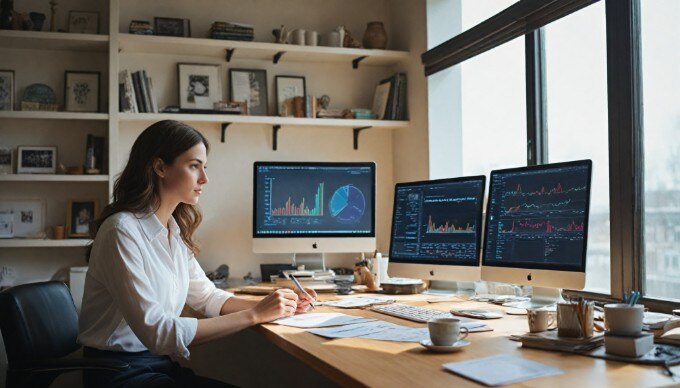 A woman analyzing customer data on a computer screen in a bright office.