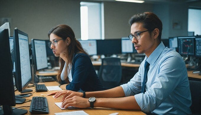 An AI-driven advertising professional analyzing data on a computer screen in a high-tech workspace.