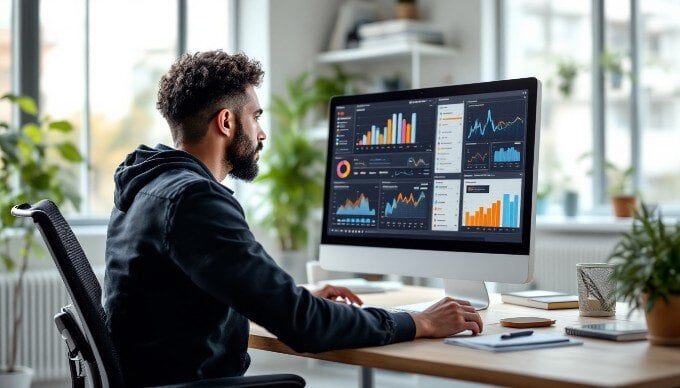 A person analyzing data on a computer screen in a bright office space.