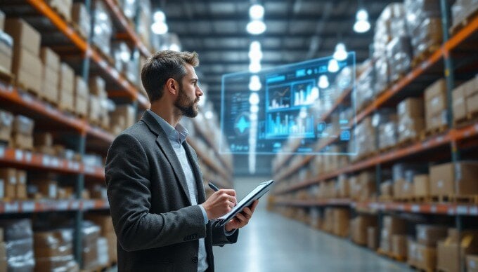 An individual using AI technology to analyze inventory data on a digital dashboard in a warehouse.