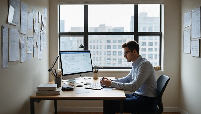 A focused individual analyzing keyword data on a laptop in a sleek office environment.