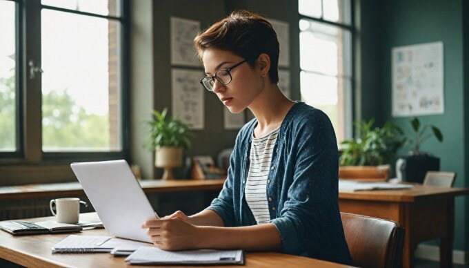 A focused individual analyzing data on a laptop in a contemporary office environment.