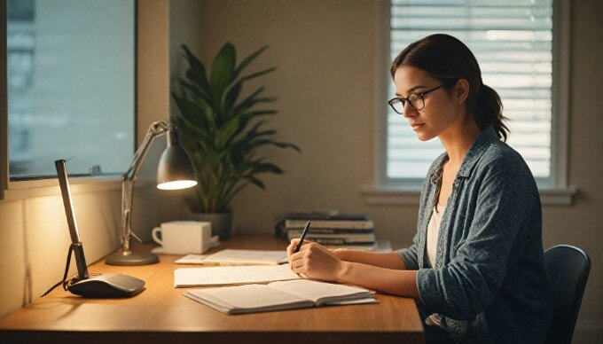 A creative workspace with a person analyzing native content performance metrics on a computer.