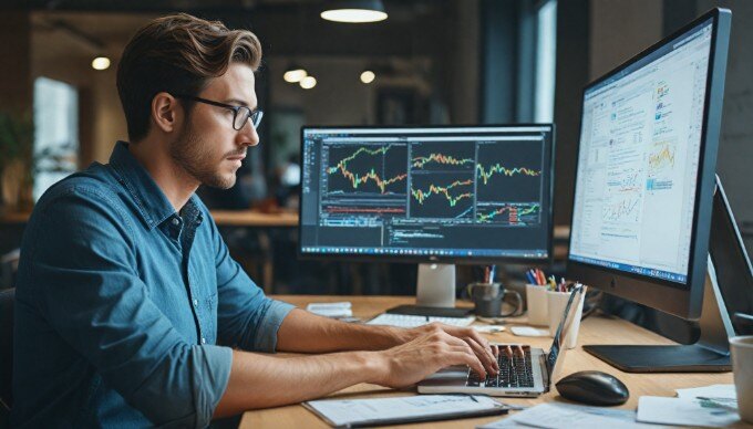 A digital marketing professional analyzing paid search ad performance on a computer screen in a collaborative workspace.