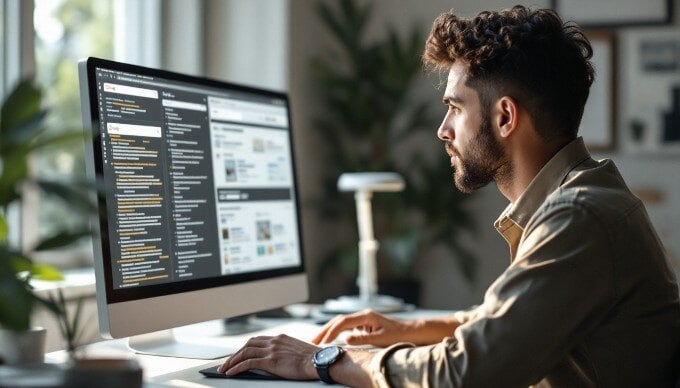 An individual analyzing search engine snippets on a computer screen in a bright office environment.