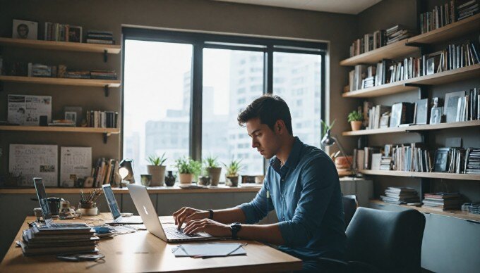 An individual analyzing product data on a laptop, focusing on improving SEO strategies in a modern workspace.