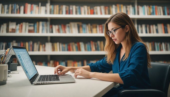 An individual analyzing SMS marketing campaign results on a laptop in a bright office environment.